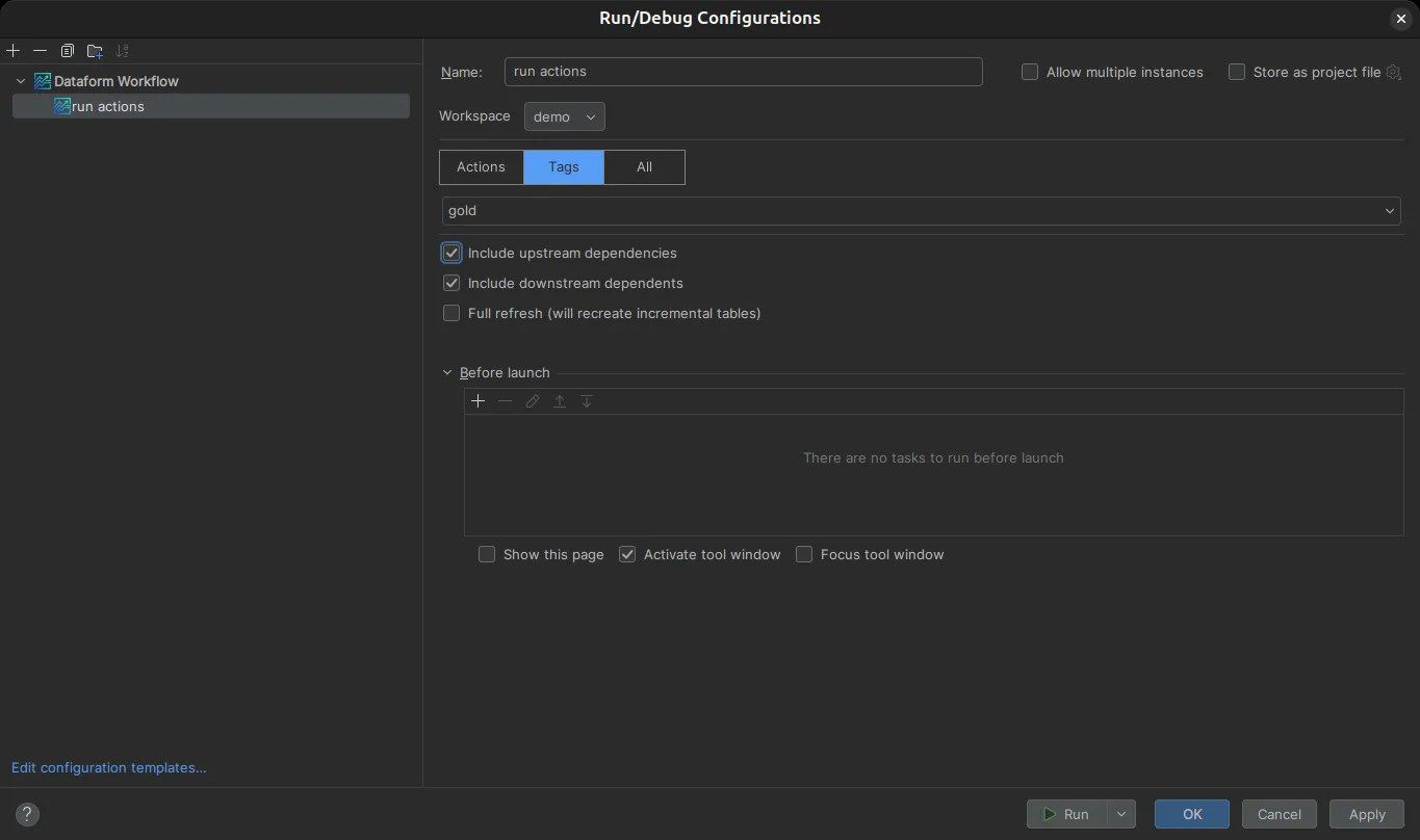 Dataform Workflow run configuration running the gold tag