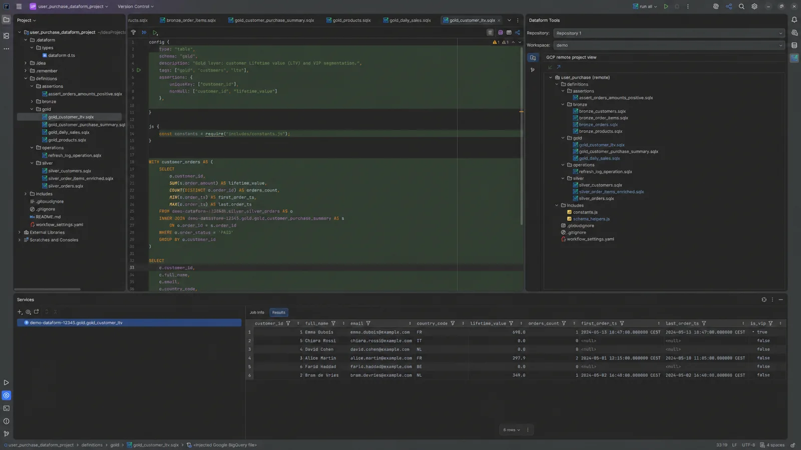 The Dataform Tools tool window next to a SQLX file, with query results below